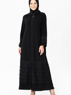 Kamer Dantel Detaylı Siyah Ferace