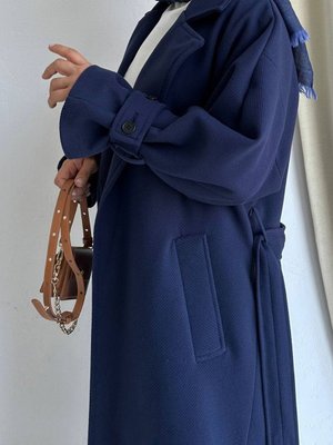 Kuşaklı Kolları Düğme Detaylı Oversize Kalıp Cm Kaşe Kumaş Lacivert Kaban