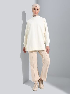 Dikiş Detaylı Dik Yaka Sweatshirt Kırık Beyaz