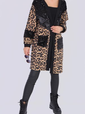 Leopar Desenli Cepli Deri Vepulu Kombinli Hırka Leopar Desenli Cepli Deri Vepulu Kombinli Hırka