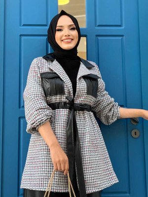 Deri Detay Bel Lastik Görünüm Ekose Ceket Mavi