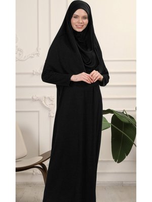 Siyah Tek Parça Kolay Kullanımlı Kendiliğinden Başörtülü Namaz Elbisesi