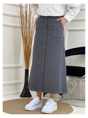 Boydan Düğmeli Gabardin Etek Antrasit