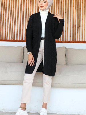 Kiraz Kabartmalı Triko Hırka Siyah