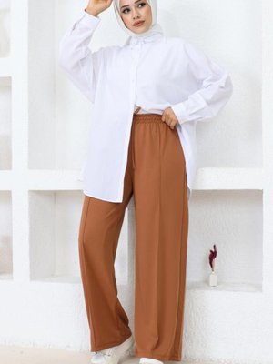 Belli Lastikli Rahat Kesim Salaş Pantolon Taba