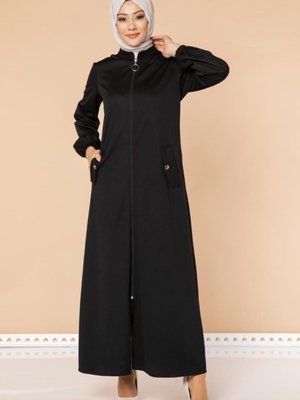 Kolu Lastikli Fermuarlı Ferace Siyah Kolu Lastikli Fermuarlı Ferace Siyah