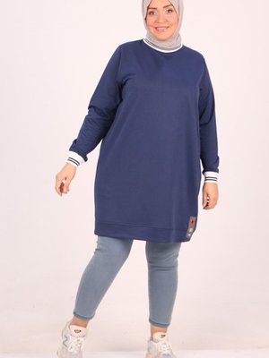 Lacivert Büyük Beden İki İplik Ribanalı Tunik