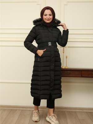 Kol Lastkli Kapüşonlu Uzun Şişme Mont