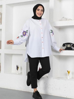 Kolları Çiçek Baskılı Oversize Gömlek Beyaz