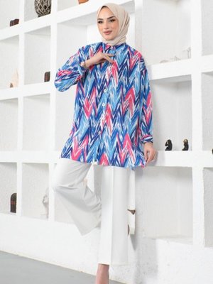 Desenli Gömlek Saks Mavisi