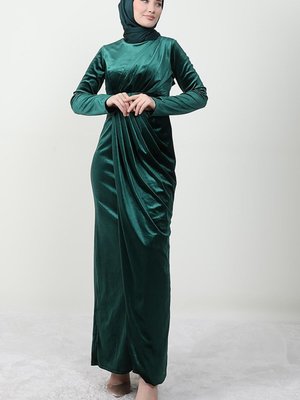 Drape Kadife Elbise Zümrüt