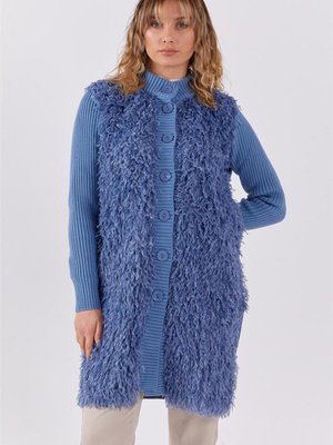 Önü Saçaklı Fitilli İndigo Triko Hırka Önü Saçaklı Fitilli İndigo Triko Hırka