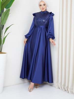 Önü Payet Detaylı Saten Abiye Elbise Lacivert