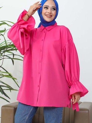 Fuşya Balon Kol Detaylı Terikoton Gömlek