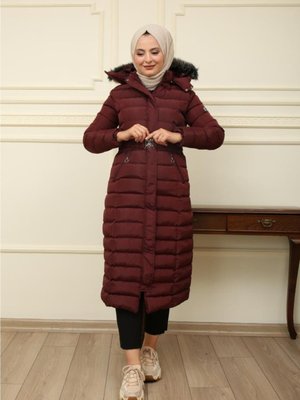 Kol Lastikli Kapüşonlu Uzun Şişme Mont