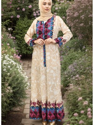 Desenli Viskon Elbise Bej