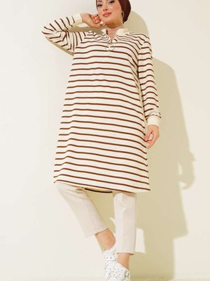 Yaka Fermuarlı Çizgili Tunik Kahverengi