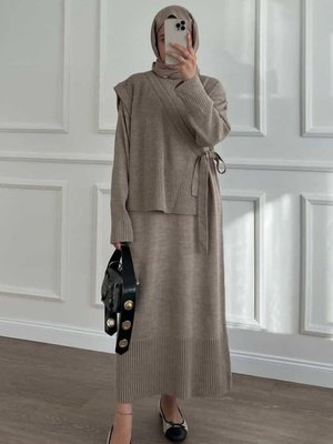 2'li Takım Triko Tesettür Elbise Kazak Elbise Kahve Rengi