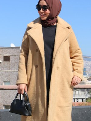 Hardal Büyük Beden Düğme Detaylı Keçe Kaban