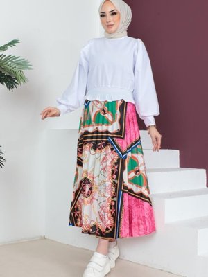 Desenli Piliseli Etek Yeşil