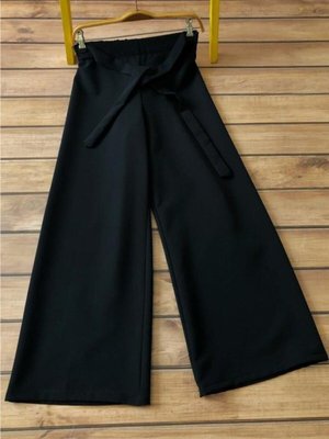 Beli Lastikli Dabıl Krep Bol Paça Siyah Pantolon
