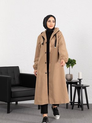 Kapüşonlu Çıtçıt Trençkot Camel