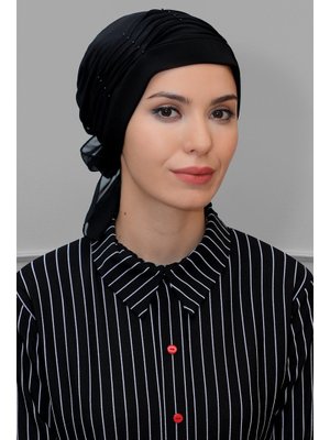 Siyah Pratik Hazır Geçmeli Bone Sandy Kumaş İncili Pileli Nervürlü Güllü