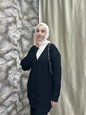 Beş Düğmeli Örgü Desenli Hırka Siyah
