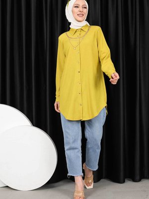 Yağ Yeşili Kolyeli Bürümcük Gömlek