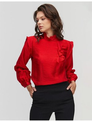 Fırfır Yaka Crinkle Kırmızı Bluz