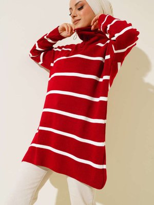Yaka Fermuarlı Çizgili Triko Tunik Kırmızı