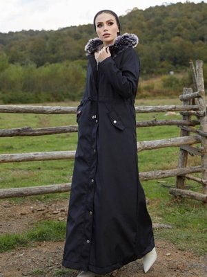 Içi Polar Uzun Kürklü Mont Siyah