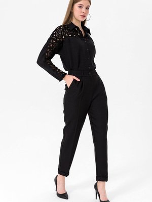 Siyah Pileli Duble Paça Kumaş Pantolon