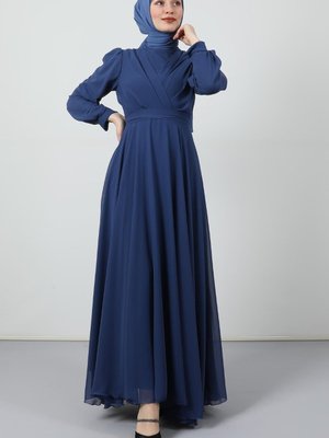 Önü Çapraz Şifon Elbise İndigo