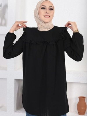 Önü Fırfır Detay Kolları Lastikli Tunik Siyah Önü Fırfır Detay Kolları Lastikli Tunik Siyah