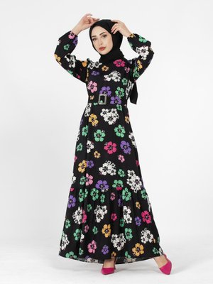 Li Çiçek Desenli Kemerli Elbise Yeşil Sevit Li Çiçek Desenli Kemerli Elbise Yeşil Sevit