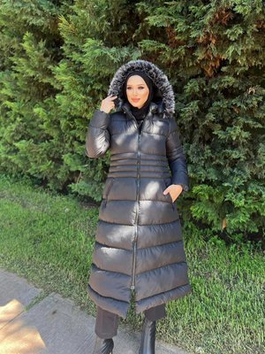 Siyah Şeritli Kapüşonlu Fermuarlı Şişme Mont