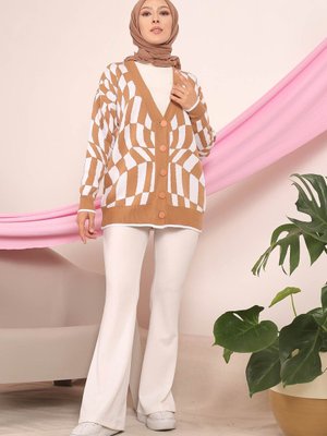 Camel Modest Düğmeli Desenli Triko Hırka