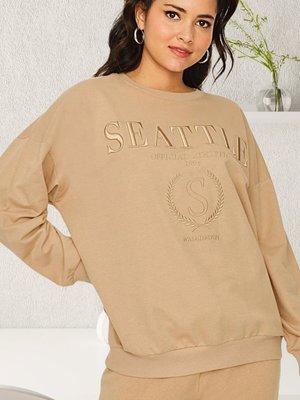 Kahverengi Yazı Detaylı Basic Örme Sweatshirt Kahverengi Yazı Detaylı Basic Örme Sweatshirt