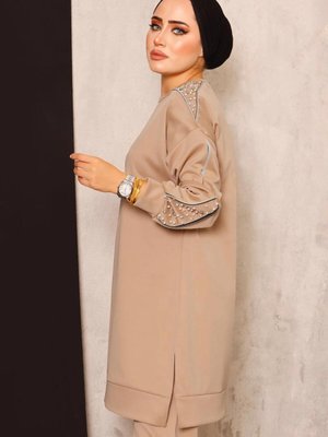 Kahve (camel) İnci Detaylı Pantolonlu Takım T