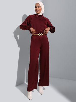 Bordo Saten Tunik & Pantolon İkili Takım
