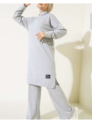Pamuklu İplik Eşofman Takımı Kapüşonlu İkili Takım Taş Gri