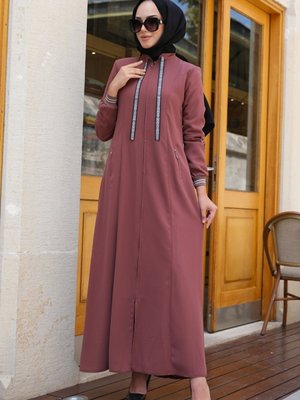 Ülkü Çift Cepli Gizli Pat Fermuarlı Ferace Gül Kurusu