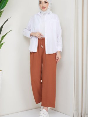 Beli Lastikli Rahat Kalıp Aerobin Pantolon Taba Beli Lastikli Rahat Kalıp Aerobin Pantolon Taba