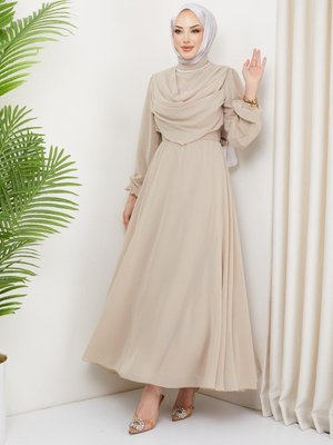 Ariyana Şal Yaka Abiye Elbise Bej
