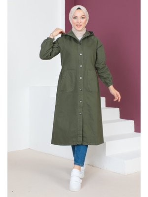 Haki Kolları Çakımlı Kot Kap