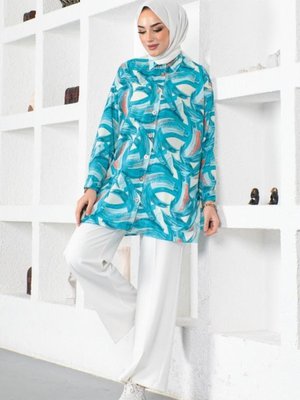 8884 Desenli Tesettür Gömlek Turkuaz