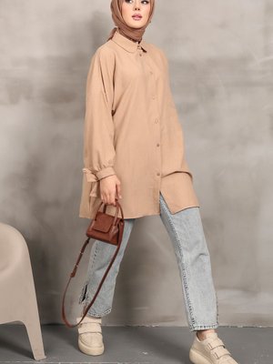 Bisküvi Kol Bağlamalı Kendinden Desenli Gömlek