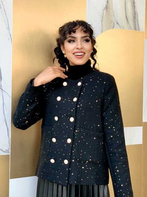 Kısa Ön Düğme Detay Astarlı Chanel Ceket Siyah