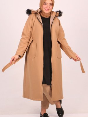 Vizon Büyük Beden Çıkarılabilir Kapüşonlu Kaşe Kaban